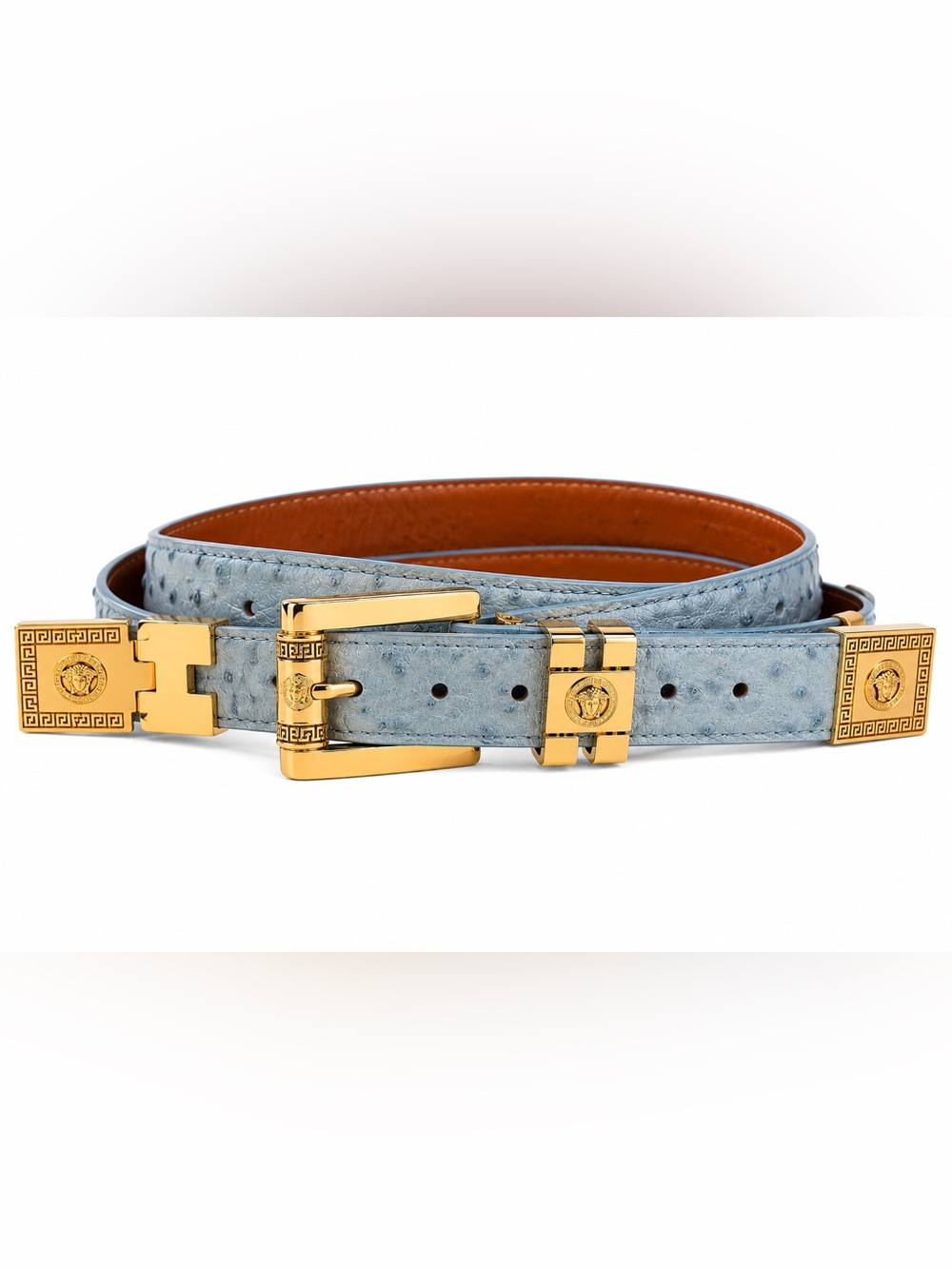 El General Belt Company Blue Genuine Ostrich Leather Gold Medusa Hardware Belt